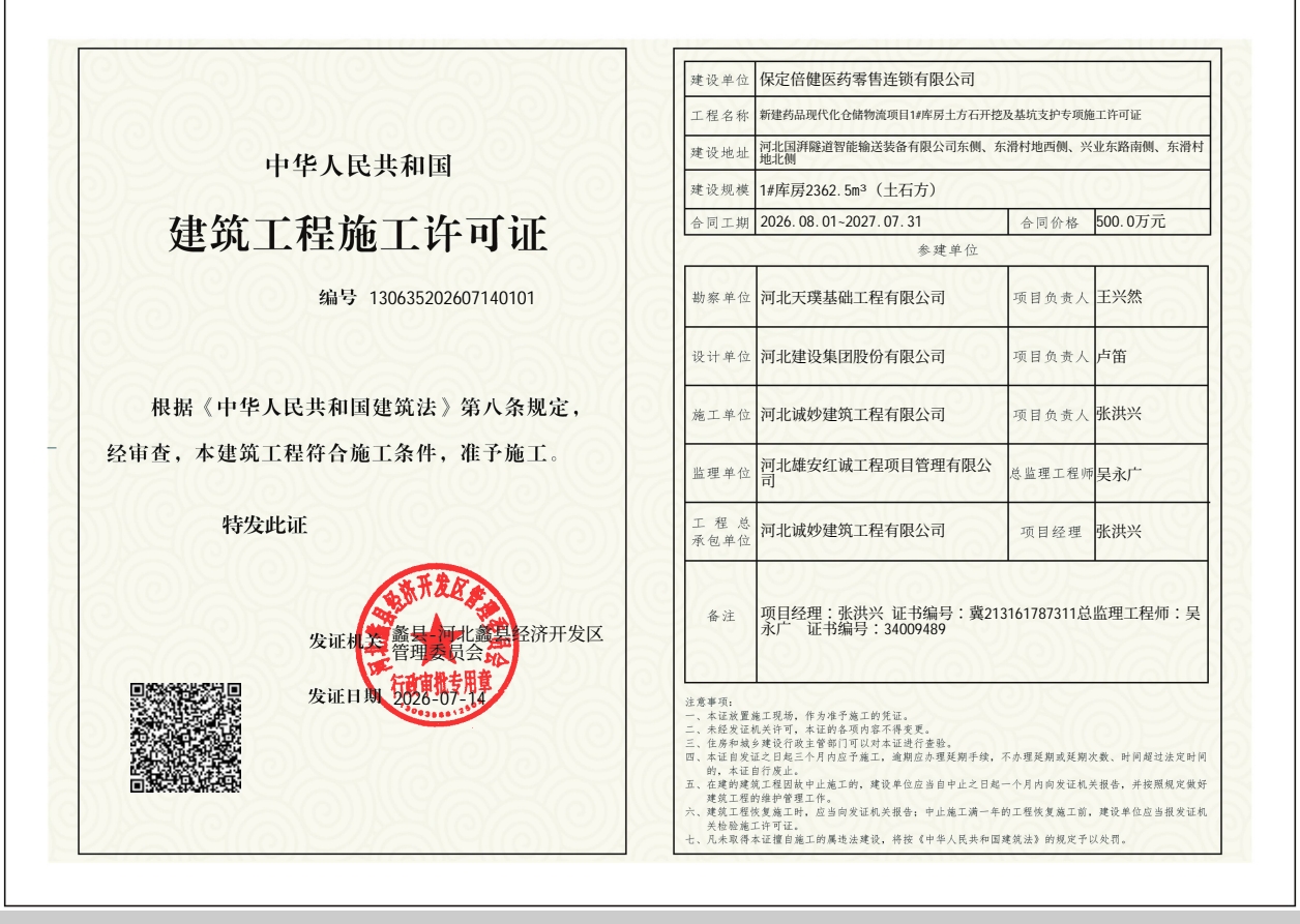 新建药品现代化仓储物流项目1#库房土方石开挖及基坑支护专项施工许可证